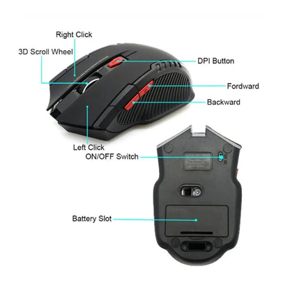2.4GHz Wireless Optical Mouse, USB Receiver, 6 Button, Portable, Wireless Mouse for Laptops