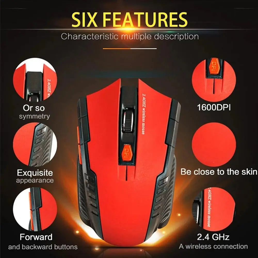 2.4GHz Wireless Optical Mouse, USB Receiver, 6 Button, Portable, Wireless Mouse for Laptops