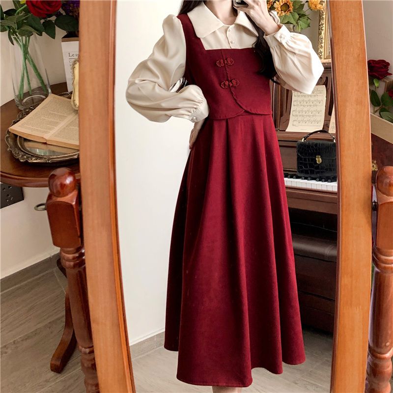 Elegant Red Dress for Women, Large Size, Chinese Style Two Piece Set, French Style Niche, Flattering Cover Belly