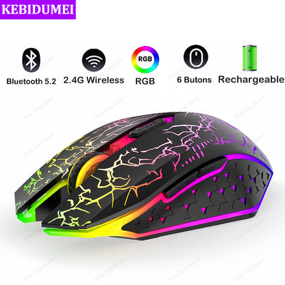 Dual-Mode Gaming Mouse, Bluetooth 5.2 Mouse, RGB 2.4G Wireless Mouse, 6 Buttons, Silent Mouse for MacBook, Tablet