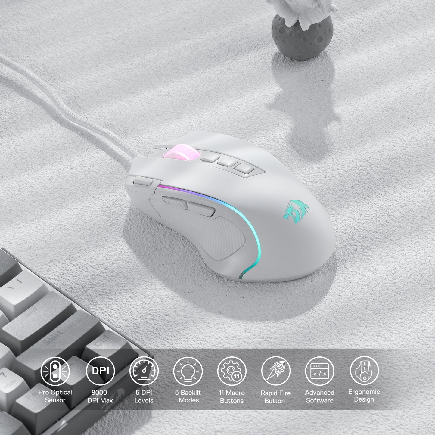 8000 DPI Wired Optical Redragon M612 Predator RGB Gaming Mouse, White, 11 Programmable Buttons