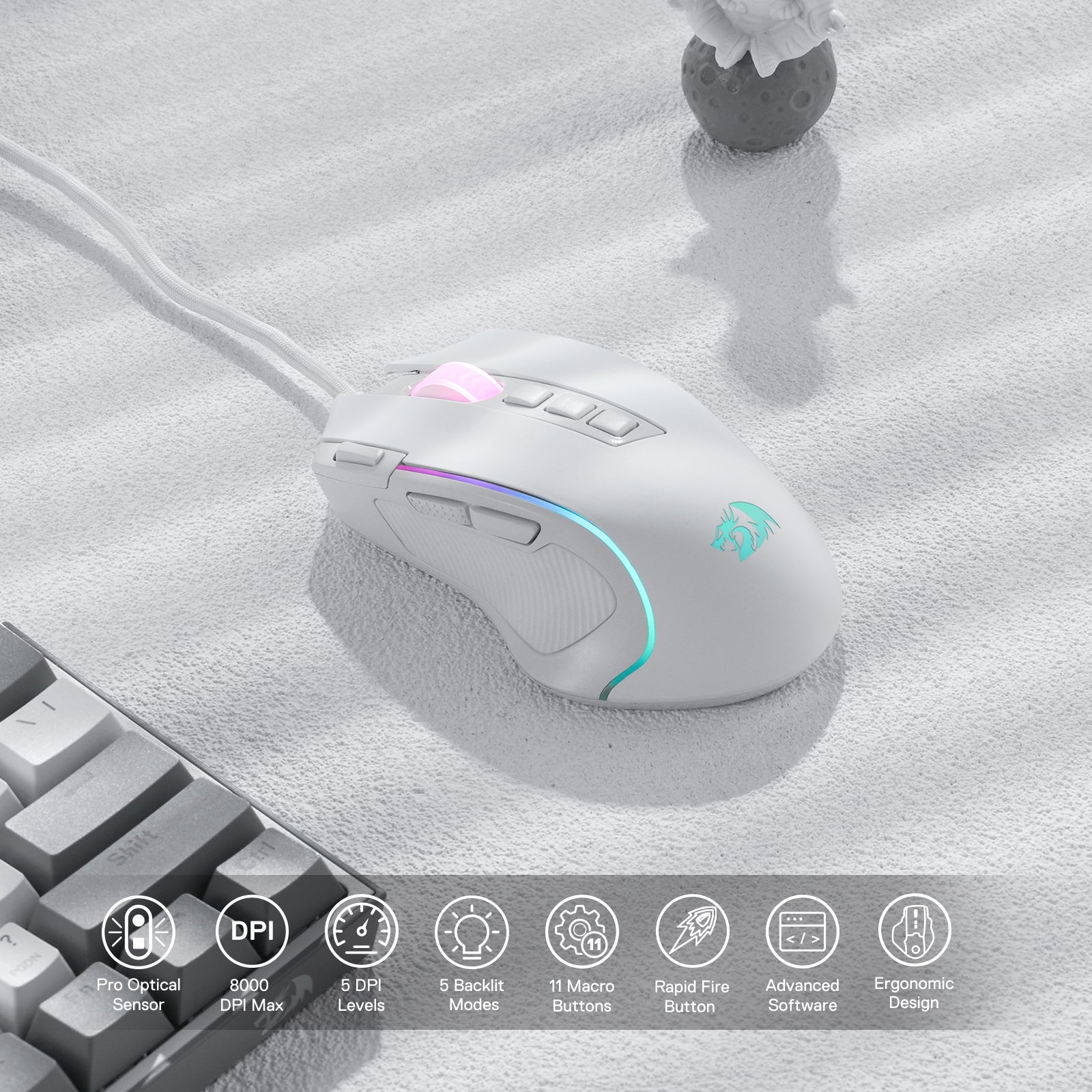 8000 DPI Wired Optical Redragon M612 Predator RGB Gaming Mouse, White, 11 Programmable Buttons