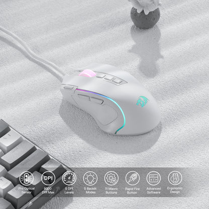 8000 DPI Wired Optical Redragon M612 Predator RGB Gaming Mouse, White, 11 Programmable Buttons