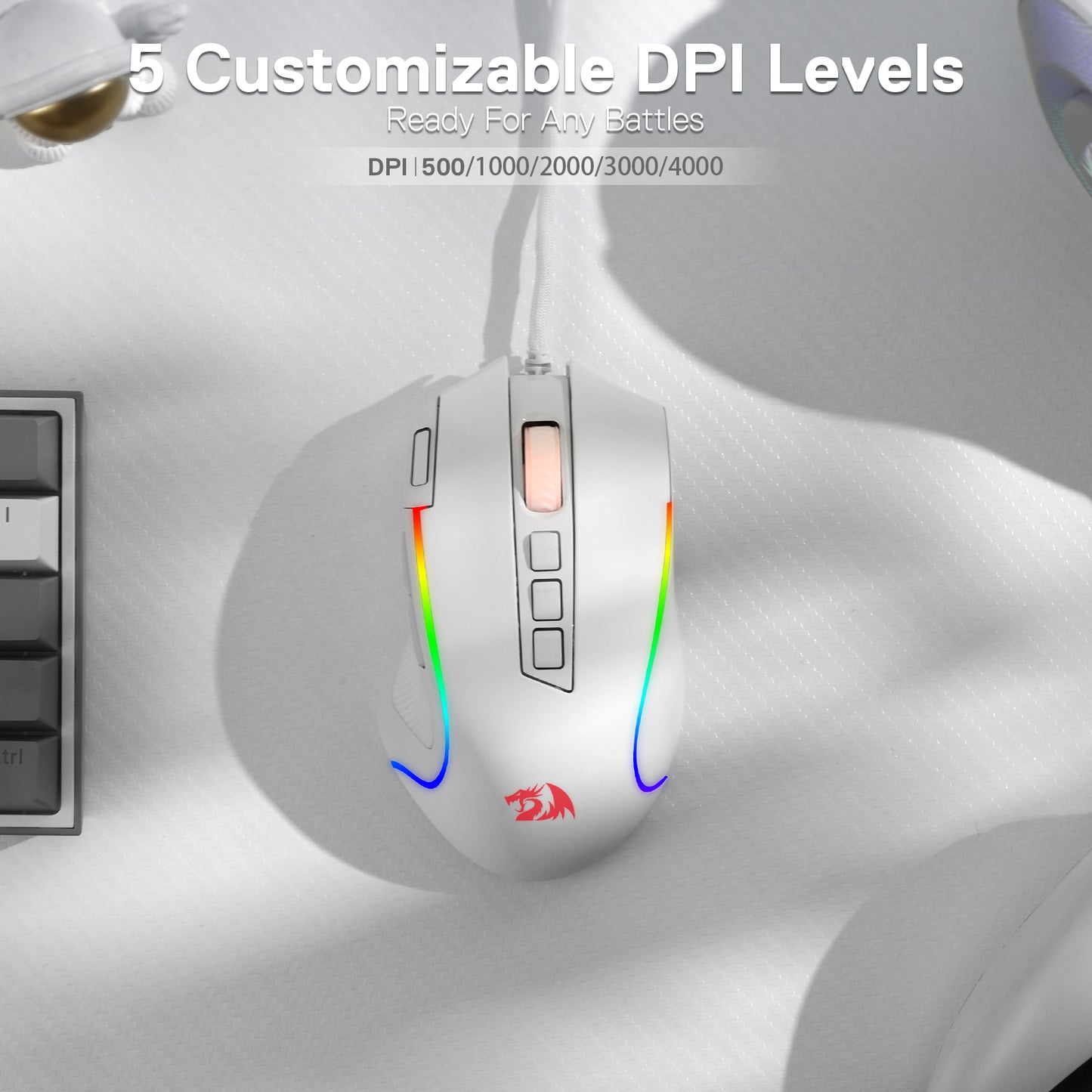 8000 DPI Wired Optical Redragon M612 Predator RGB Gaming Mouse, White, 11 Programmable Buttons
