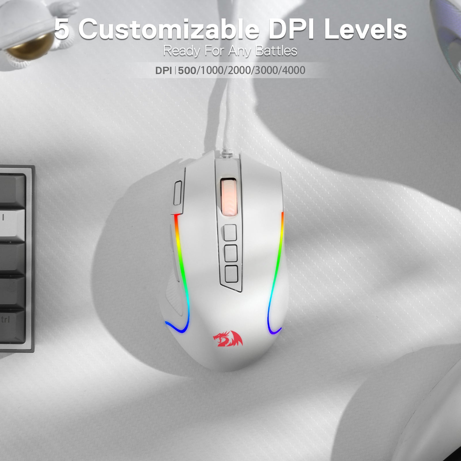 8000 DPI Wired Optical Redragon M612 Predator RGB Gaming Mouse, White, 11 Programmable Buttons