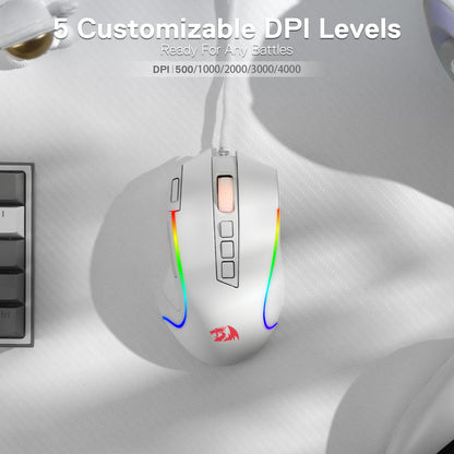 8000 DPI Wired Optical Redragon M612 Predator RGB Gaming Mouse, White, 11 Programmable Buttons