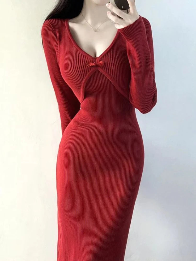 Vintage Knit Dress Red Bodycon Womens Crochet Cover Up Elegant Midi Knee Length Dress Luxury Clothi 1