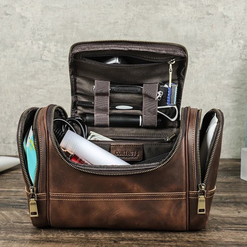 Mens Business Travel Leather Toiletry Bag