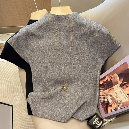 Womens Thin Turtleneck Knit Pullover Sweater Short Sleeve 2
