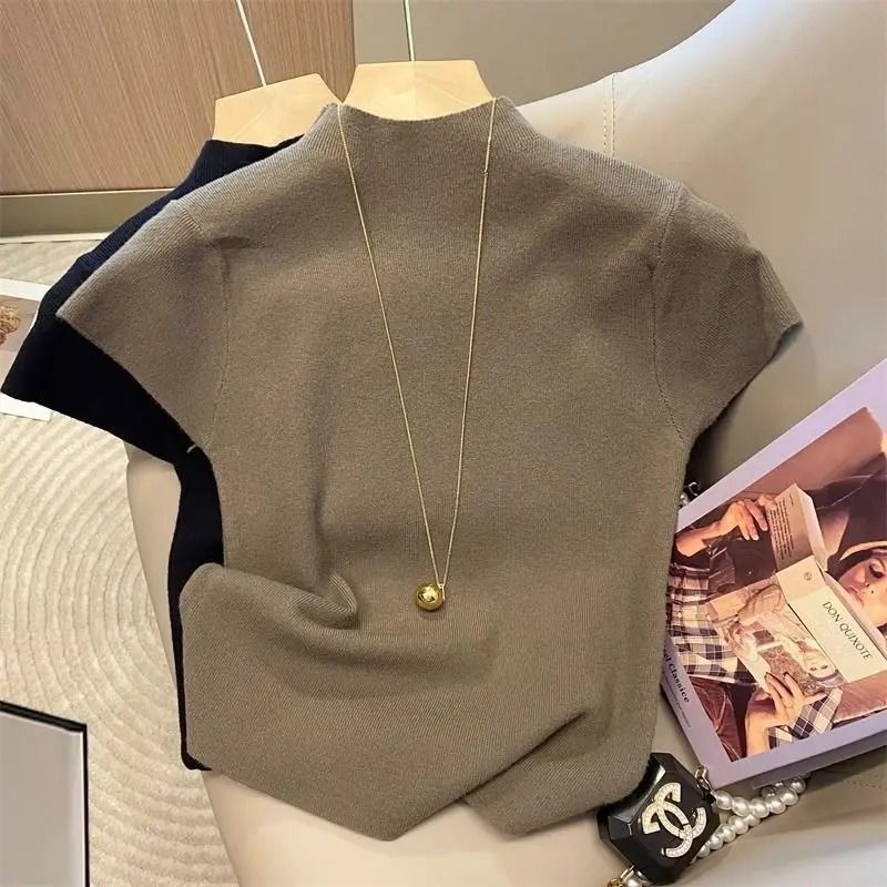 Womens Thin Turtleneck Knit Pullover Sweater Short Sleeve 3