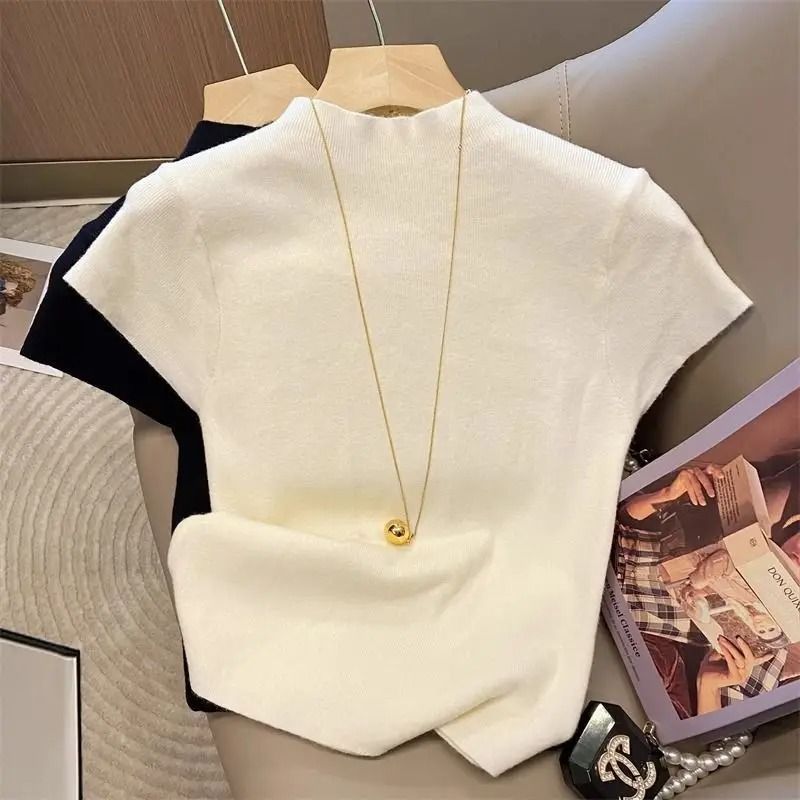 Womens Thin Turtleneck Knit Pullover Sweater Short Sleeve 4