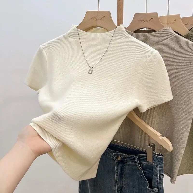 Womens Thin Turtleneck Knit Pullover Sweater Short Sleeve 5