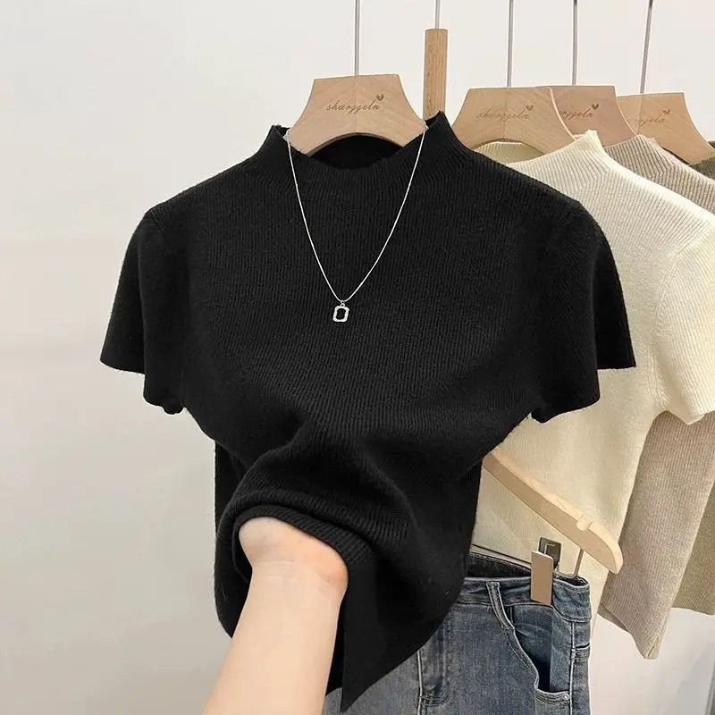 Womens Thin Turtleneck Knit Pullover Sweater Short Sleeve 6