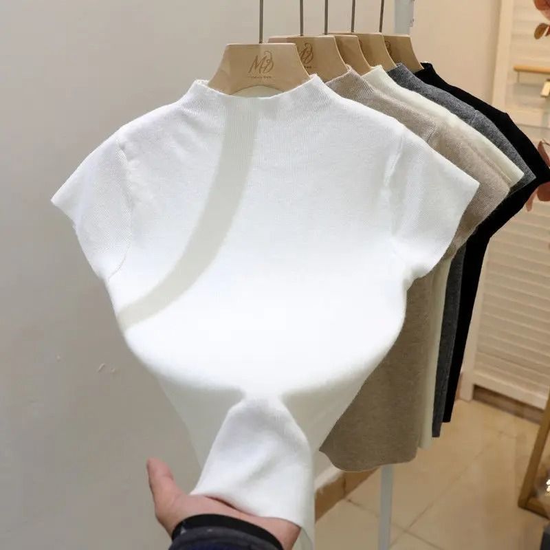 Womens Thin Turtleneck Knit Pullover Sweater Short Sleeve 7