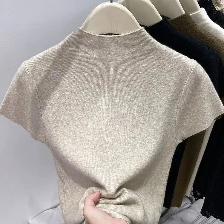 Womens Thin Turtleneck Knit Pullover Sweater Short Sleeve 8