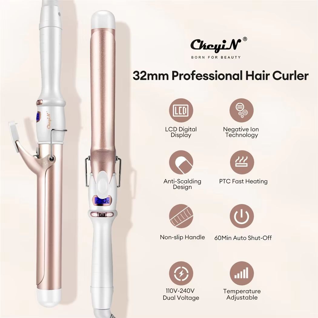 CkeyiN Professional Ceramic Hair Curler  32mm  38mm Curling Iron With Adjustable Temperature For Lo 1