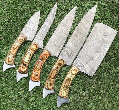 Custom Handmade Twist Damascus Steel Chef Knife Set – 9" to 13" Kitchen Knives with Rosewood Handle