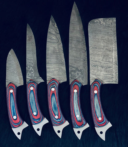 HandForged Damascus Kitchen Knife Set  Twist Pattern Blades 2