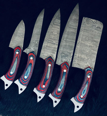 HandForged Damascus Kitchen Knife Set  Twist Pattern Blades 3