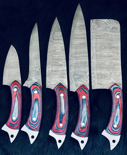 Hand-Forged Damascus Kitchen Knife Set – Twist Pattern Blades