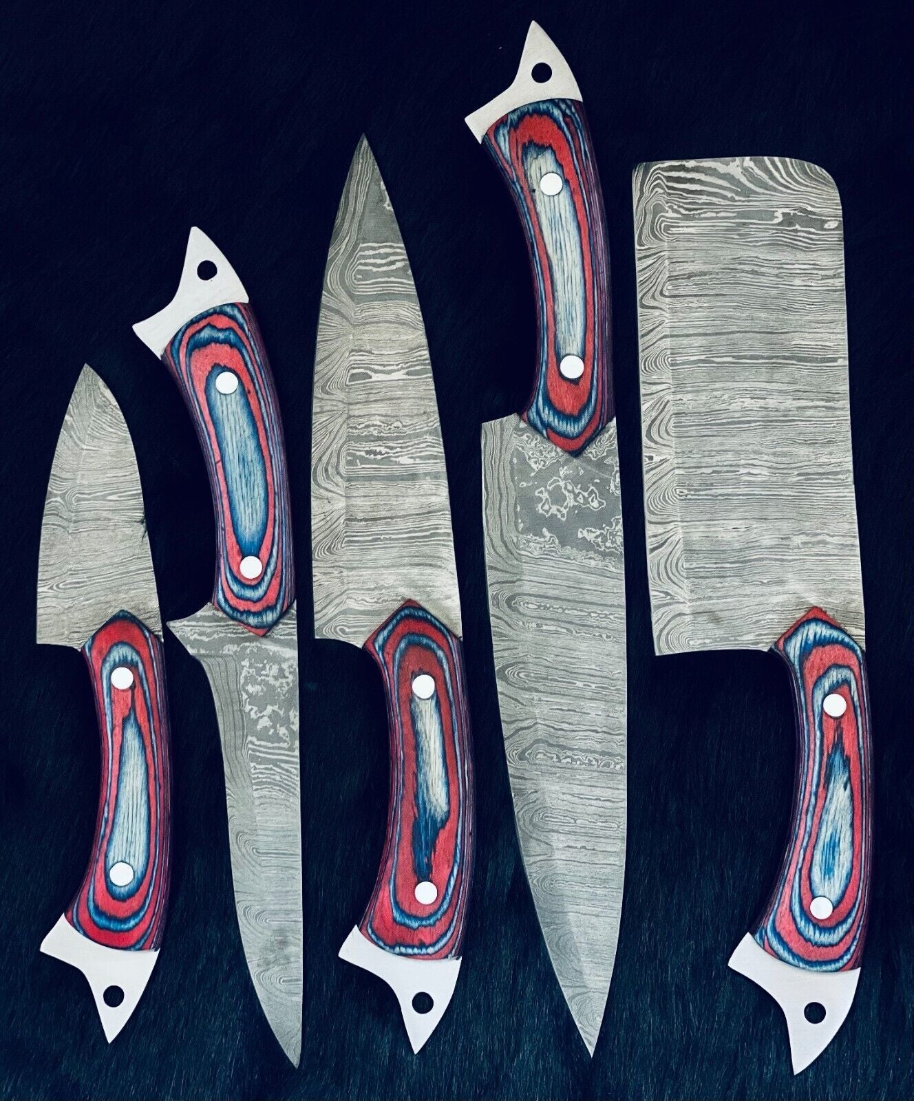 HandForged Damascus Kitchen Knife Set  Twist Pattern Blades 4
