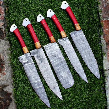 913 Custom Damascus Steel Chef Knives  Full Handmade Set 1