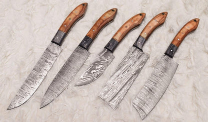 Artisan Damascus Steel Kitchen Knife Set with Rosewood Handle