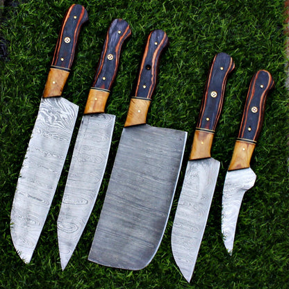 Damascus Steel Chef Knife Set with Rosewood Handle – Hand Forged