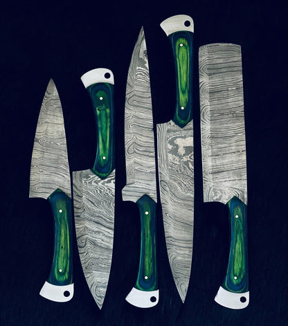 Handmade Damascus Steel Kitchen Knives  Unique Twist Pattern Set 1