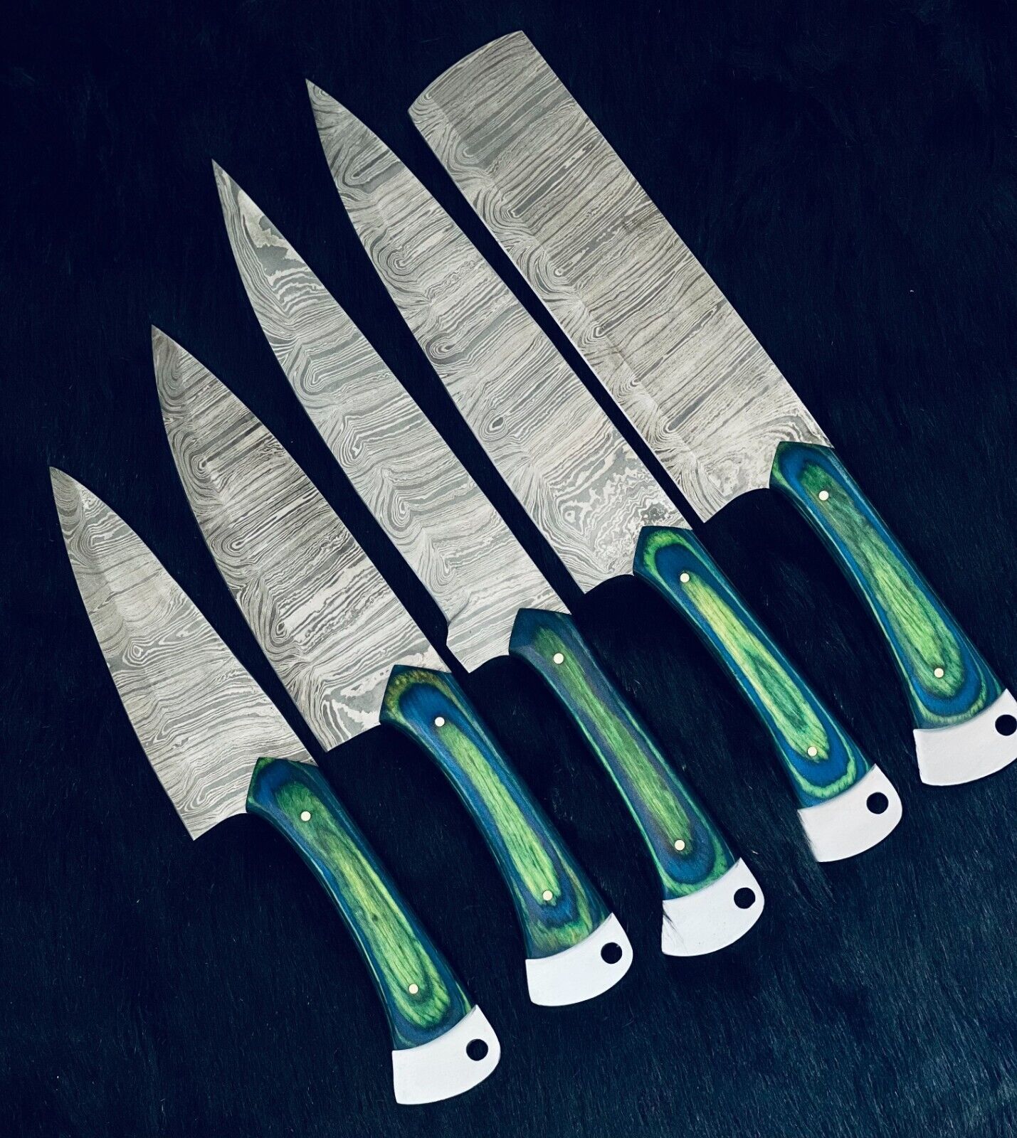 Handmade Damascus Steel Kitchen Knives  Unique Twist Pattern Set 2