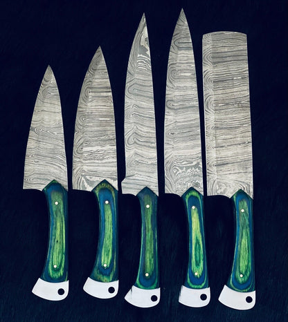 Handmade Damascus Steel Kitchen Knives – Unique Twist Pattern Set