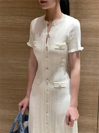 Elegant Lady Summer Dress, Women O Neck Long Robe, White Knit Thread, Ruffled Sleeve, Slim Mid Length, Single Breasted
