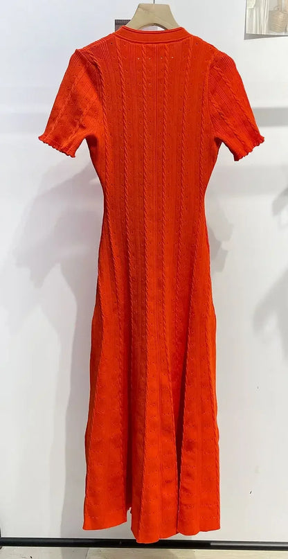 Elegant Lady Summer Dress, Women O Neck Long Robe, White Knit Thread, Ruffled Sleeve, Slim Mid Length, Single Breasted