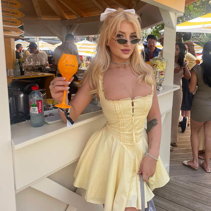 Elegant Holiday Dress, Sexy Yellow A Line Dress with Lace Up, Hollow Out Summer Party Dress for Women