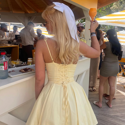 Elegant Holiday Dress, Sexy Yellow A Line Dress with Lace Up, Hollow Out Summer Party Dress for Women