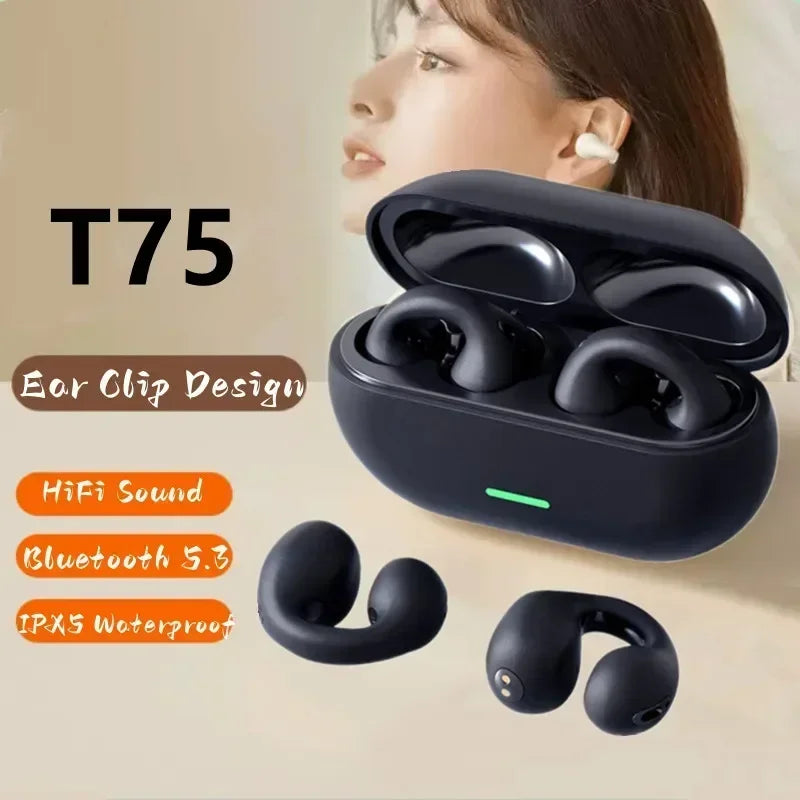 T75 Bluetooth 5.3 Wireless Bone Conduction Headphones, Clip Ear Noise Canceling Headset, HD Call Music Sports Gaming Ear