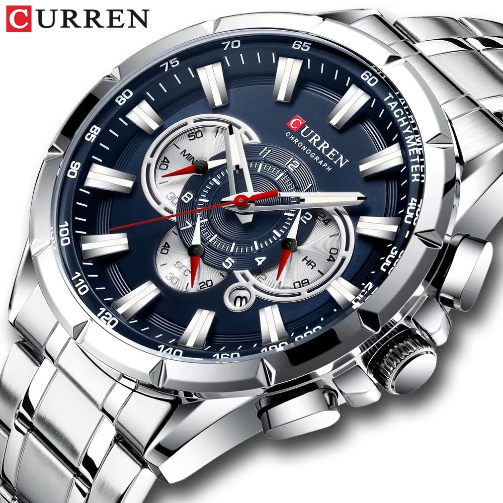 CURREN Men's Chronograph Watch – Stainless Steel Sport Wristwatch with Big Dial & Luminous Hands