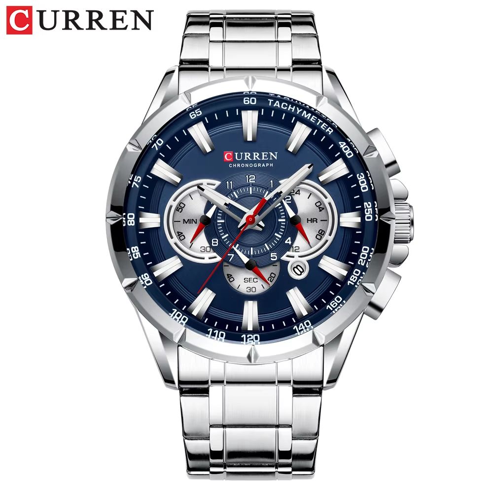 CURREN Mens Chronograph Watch  Stainless Steel Sport Wristwatch With Big Dial  Luminous Hands 9