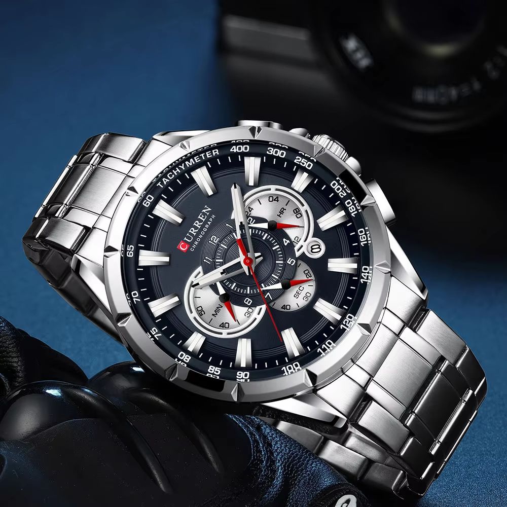 CURREN Mens Chronograph Watch  Stainless Steel Sport Wristwatch With Big Dial  Luminous Hands 1