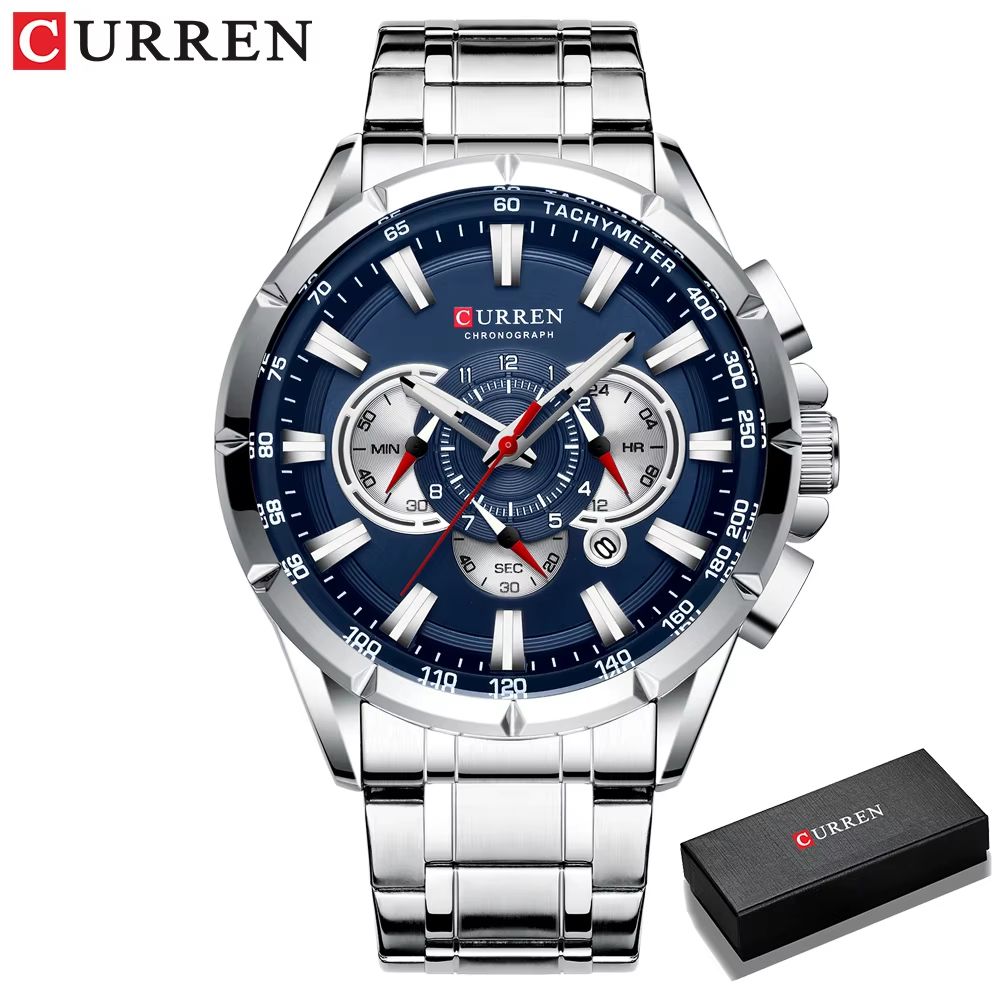 CURREN Mens Chronograph Watch  Stainless Steel Sport Wristwatch With Big Dial  Luminous Hands 7