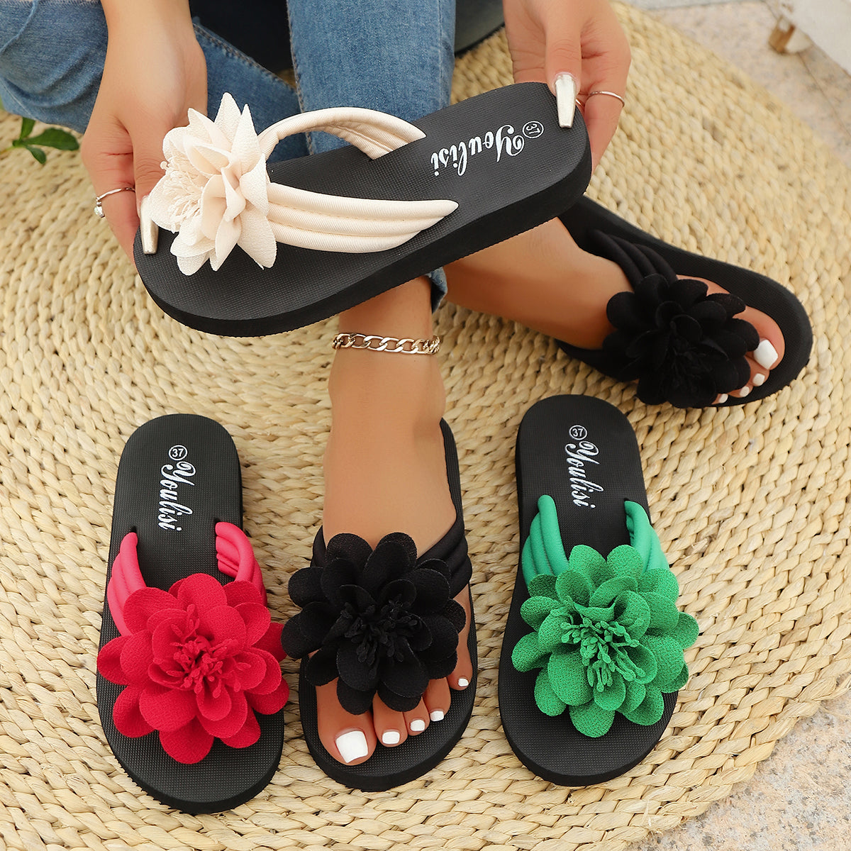 Handmade Flower Flip Flops For Women Casual Comfortable Red Flat Sandals Beach Vacation Shoes With  3