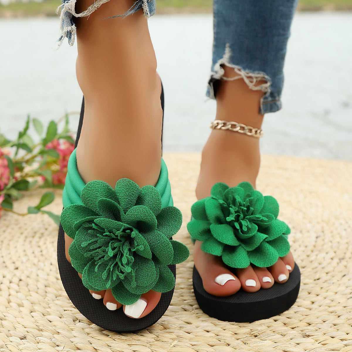 Handmade Flower Flip Flops For Women Casual Comfortable Red Flat Sandals Beach Vacation Shoes With  4