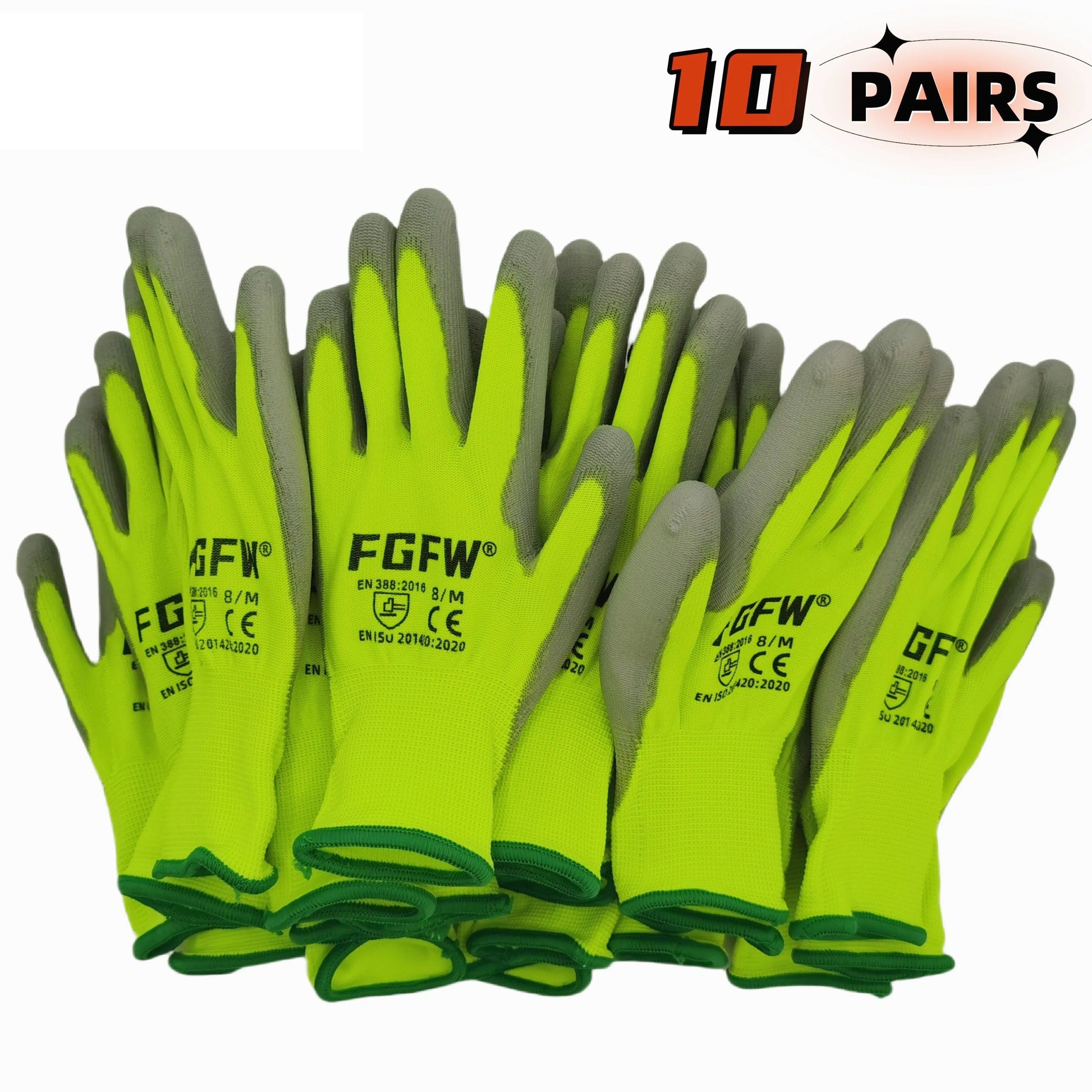 10 Pairs PU Coated Safety Work Gloves