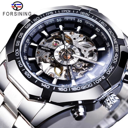 Forsining Luxury Skeleton Watch – Stainless Steel Mechanical Men's Wristwatch with Waterproof Sport Design