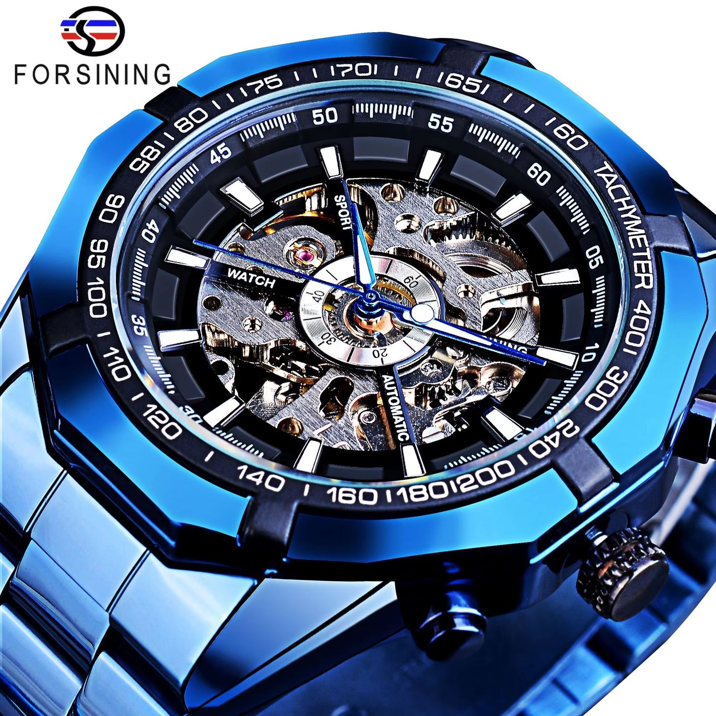 Forsining Luxury Skeleton Watch  Stainless Steel Mechanical Mens Wristwatch With Waterproof Sport D 12