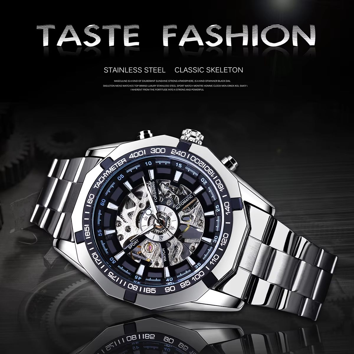 Forsining Luxury Skeleton Watch  Stainless Steel Mechanical Mens Wristwatch With Waterproof Sport D 1