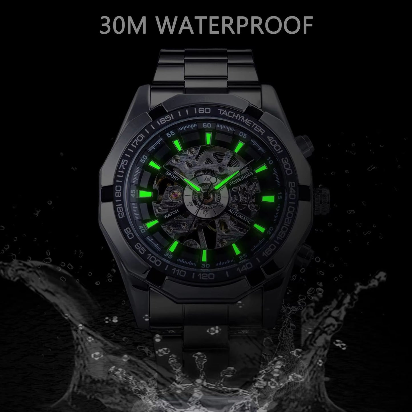 Forsining Luxury Skeleton Watch  Stainless Steel Mechanical Mens Wristwatch With Waterproof Sport D 3