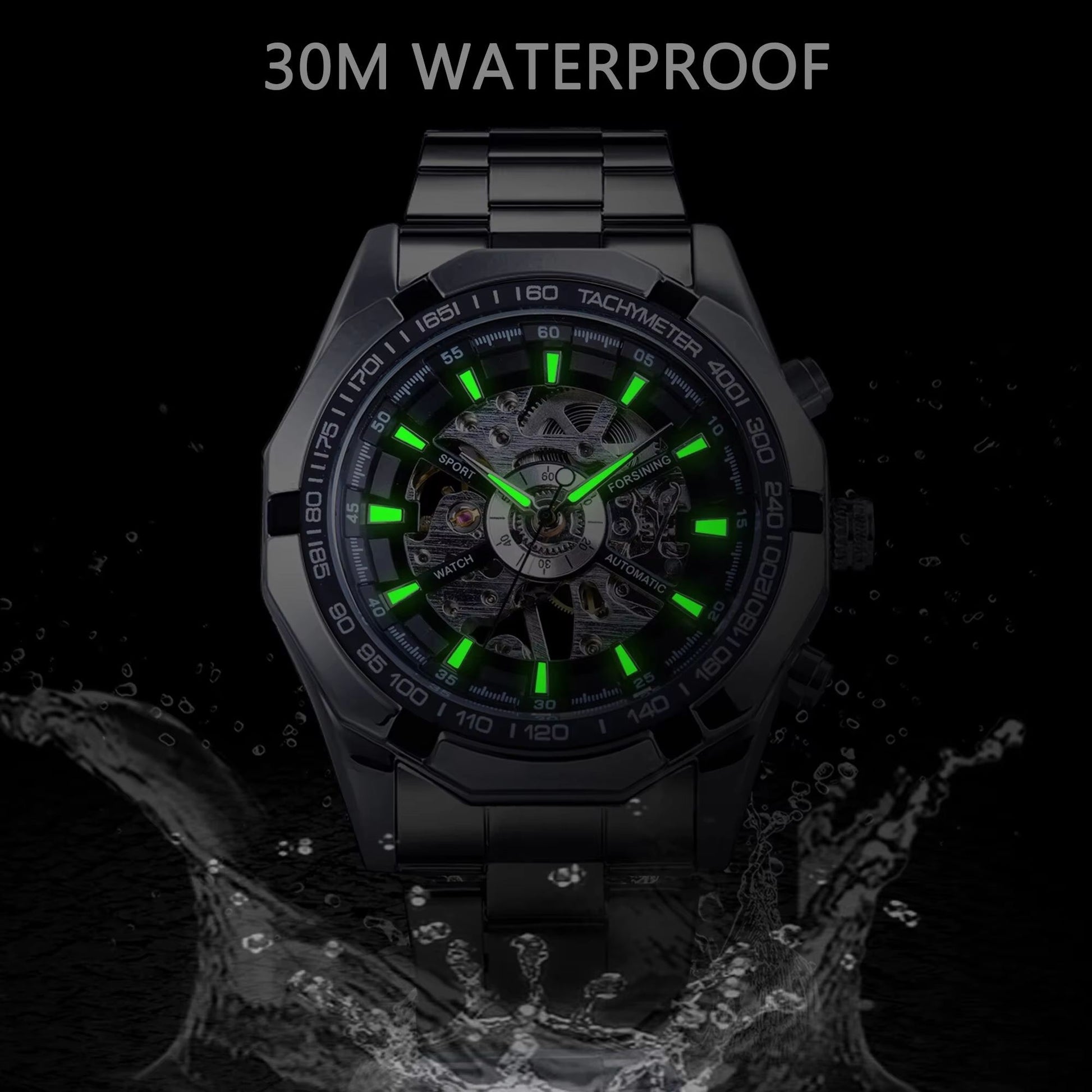 Forsining Luxury Skeleton Watch  Stainless Steel Mechanical Mens Wristwatch With Waterproof Sport D 3