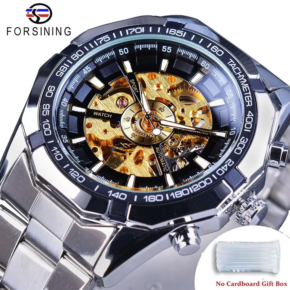 Forsining Luxury Skeleton Watch  Stainless Steel Mechanical Mens Wristwatch With Waterproof Sport D 8