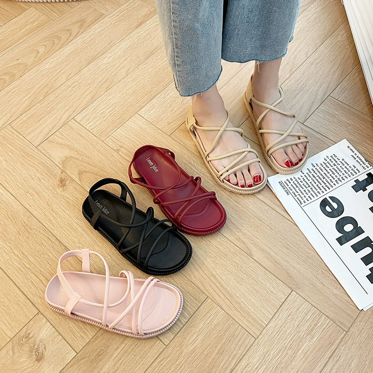 Womens Sandals, Summer Outerwear PVC Flat Beach Shoes, Casual Female Student Korean Style Roman Sandals
